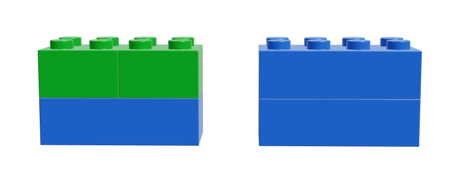 To shapes constructed of LEGO bricks. The one on the left is constructed from three pieces: Two green 2 by 2 bricks stacked on top of one blue 2 by 4 brick. The one on the right is constructed from two blue 2-by-4 bricks stacked together.